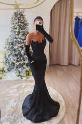 Charming Black Strapless Mermaid Pleated Long Prom Dress With Long Gloves