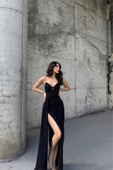 Charming Black Strapless Sleeveless High Waist Pleated Prom Dress With Split