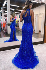 Charming Blue Sheer Straps Evening Dress with Slit, Appliques, and Beadings
