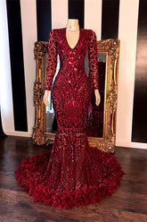 Charming Burgundy Mermaid Long Sleeves Long Prom Dress Sequins With Feather