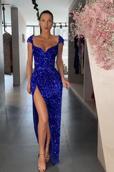 Charming Cap Sleeves Royal Blue V Neck Sequins Prom Dress With High Split