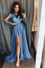 Charming Long Sleeves Front Split High Waist Prom Dress With Lace Appliques