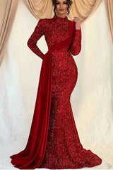 Charming Long Sleeves Mermaid Sequins Prom High Collar Dress With Ruffles
