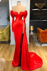Charming Long Sleeves Red High Split Prom Dress Off the Shoulder Mermaid