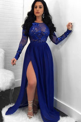 Charming Long Sleeves Sequins High Waist Long Prom Dress With Front Split