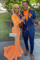 Charming Mermaid Long Sleeves Orange Deep V Neck Prom Dress With Appliques