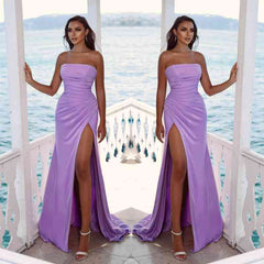Charming Purple Strapless Sleeveless Long Evening Dress with Slit and Pleated