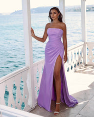 Charming Purple Strapless Sleeveless Long Evening Dress with Slit and Pleated