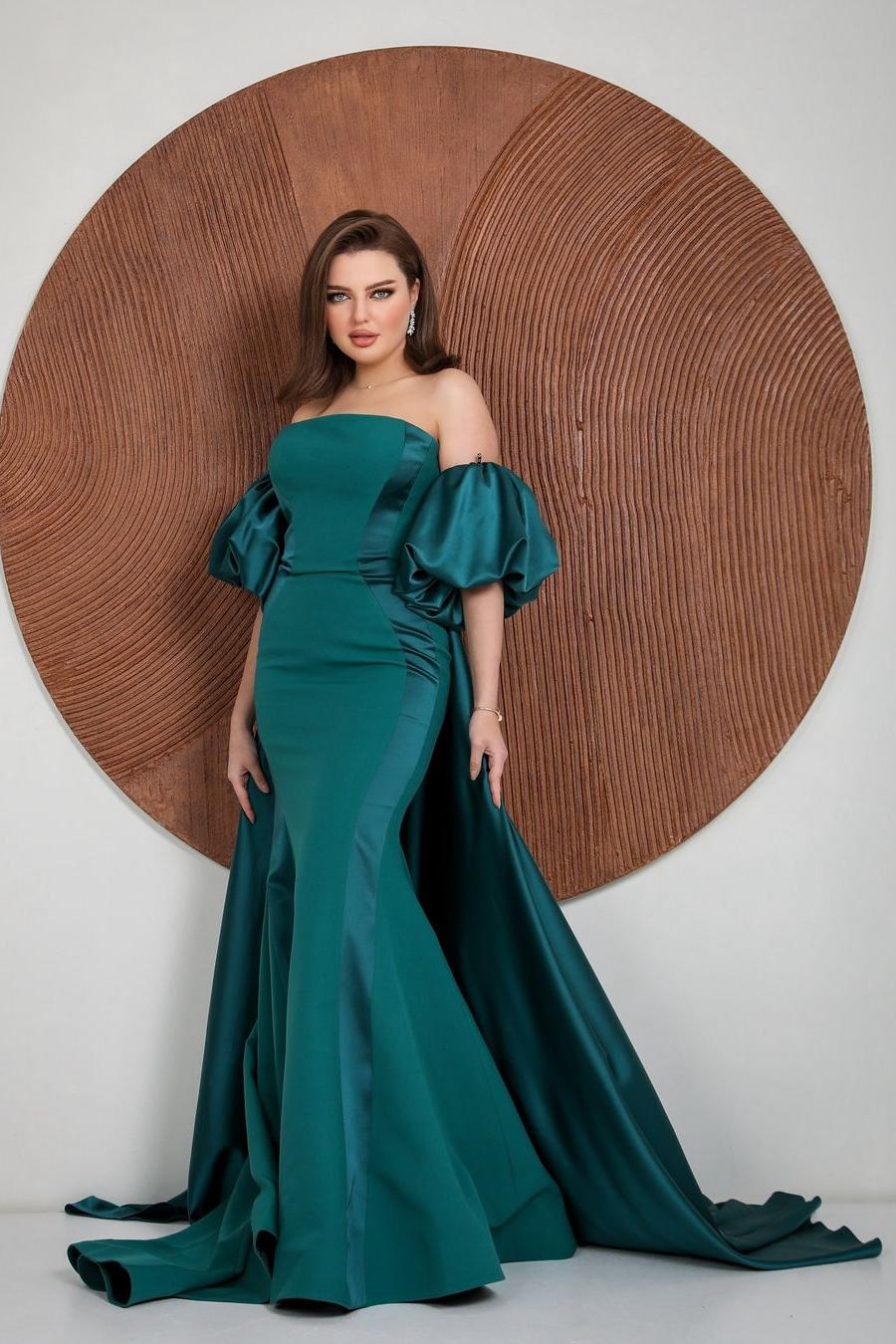 Charming Puff Sleeves Strapless Long Pleated Mermaid Prom Dress With Ruffles