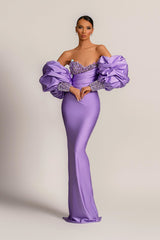 Charming Purple Strapless Mermaid Long Prom Dress With Appliques Puff Sleeves