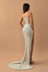 Charming Sequins Straps Sweetheart Sleeveless Long Prom Dress With High Split