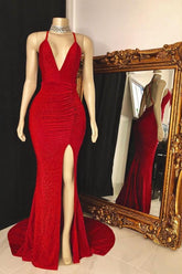 Charming Sleeveless Red Halter V Neck Pleated Prom Dress With Front Split