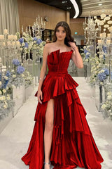 Charming Strapless Sleeveless Long Split Prom Dress With Pleated