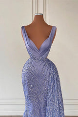 Charming Violet V Neck Mermaid Prom Dress With Beadings Sequins