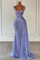 Charming Violet V Neck Mermaid Prom Dress With Beadings Sequins