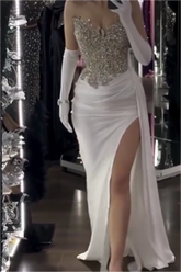 Charming White Sequins Strapless Sleeveless Pleated Long Prom Dress With Gloves