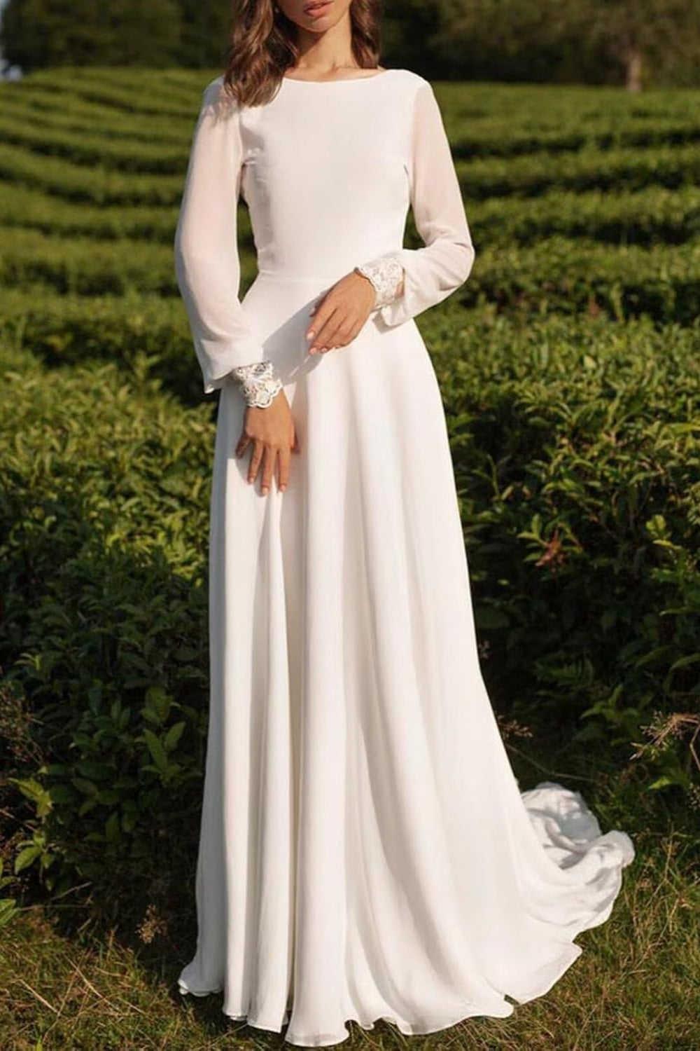 Cheap Long Sleeves Crew Neck A-line Wedding Dress From 27dress