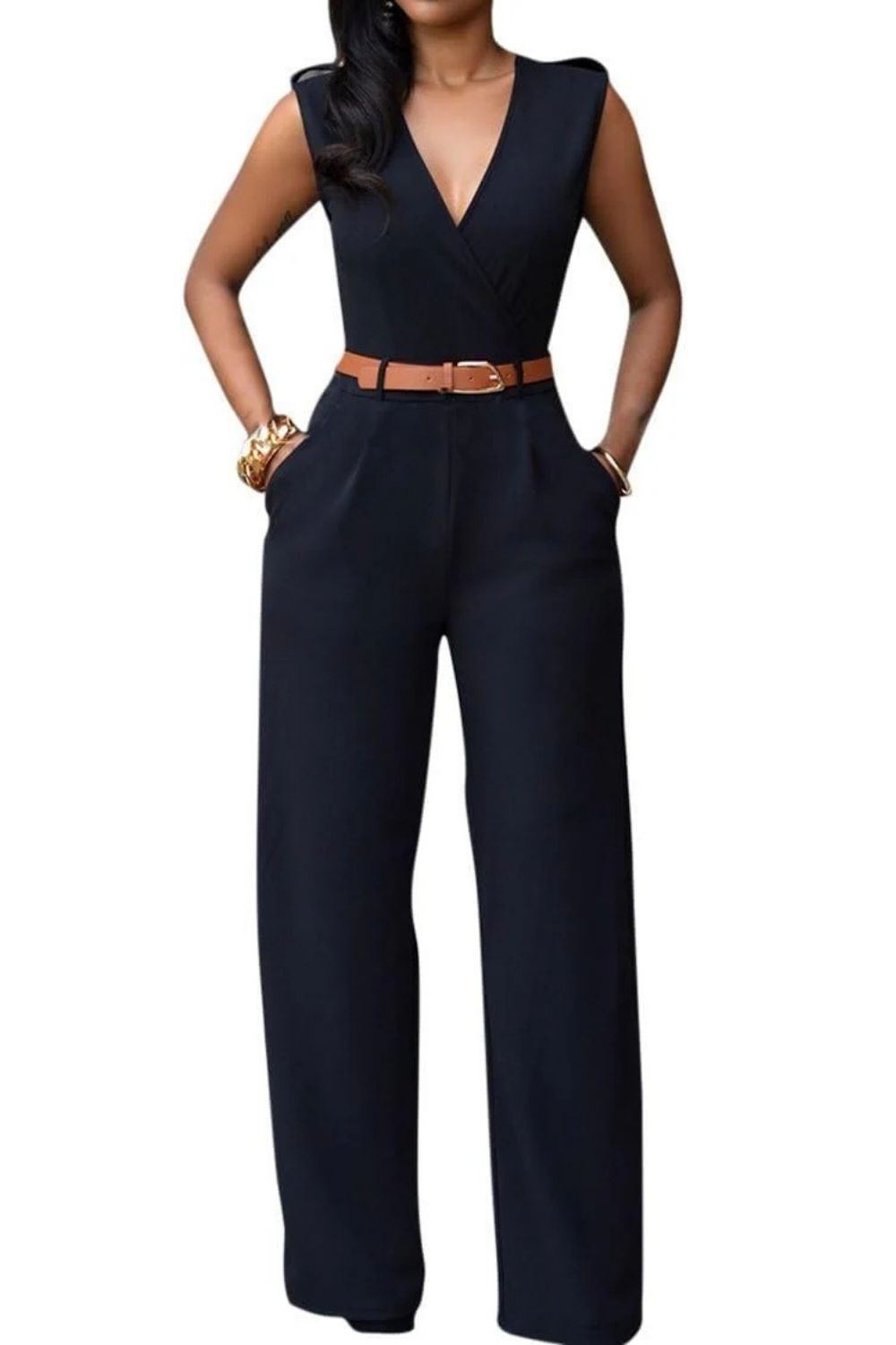Cheap V-Neck Sleeveless Jumpsuits for Women with Belt-27dress