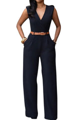 Cheap V-Neck Sleeveless Jumpsuits for Women with Belt-27dress