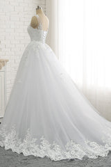 Chic A-Line Jewel Tulle Lace Wedding Dress Sleeveless Appliques Bridal Gowns with Beadings Online-27dress