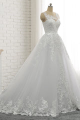 Chic A-Line Jewel Tulle Lace Wedding Dress Sleeveless Appliques Bridal Gowns with Beadings Online-27dress