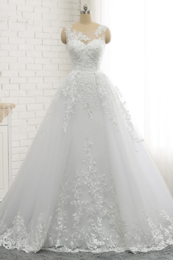 Chic A-Line Jewel Tulle Lace Wedding Dress Sleeveless Appliques Bridal Gowns with Beadings Online-27dress