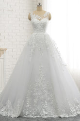 Chic A-Line Jewel Tulle Lace Wedding Dress Sleeveless Appliques Bridal Gowns with Beadings Online-27dress