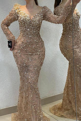 Chic Appliques Beaded Long Sleeve Mermaid Floor Length Prom Dress-27dress
