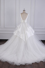Chic Ball Gown Jewel Layers Tulle Wedding Dress White Sleeveless Ruffles Bridal Gowns Online-27dress