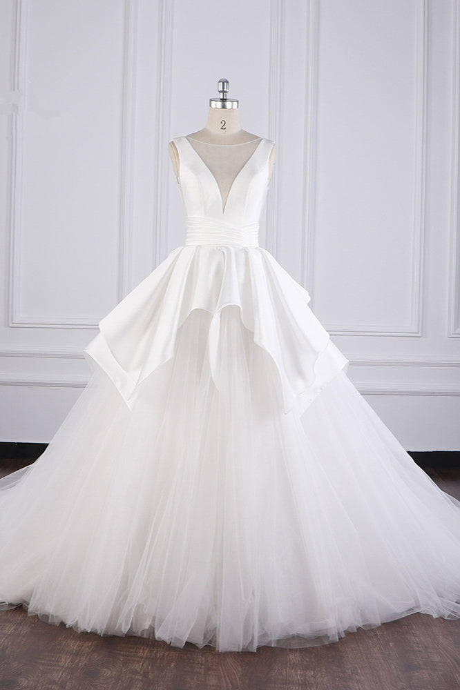 Chic Ball Gown Jewel Layers Tulle Wedding Dress White Sleeveless Ruffles Bridal Gowns Online-27dress
