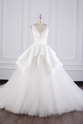 Chic Ball Gown Jewel Layers Tulle Wedding Dress White Sleeveless Ruffles Bridal Gowns Online-27dress