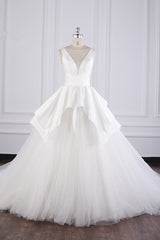 Chic Ball Gown Jewel Layers Tulle Wedding Dress White Sleeveless Ruffles Bridal Gowns Online-27dress
