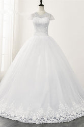Chic Ball Gown Jewel White Tulle Lace Wedding Dress Short Sleeves Rhinestones Bridal Gowns Online-27dress