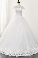 Chic Ball Gown Jewel White Tulle Lace Wedding Dress Short Sleeves Rhinestones Bridal Gowns Online-27dress