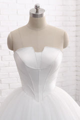 Chic Ball Gown Strapless White Tulle Wedding Dress Sleeveless Bridal Gowns On Sale-27dress