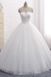 Chic Ball Gown Strapless White Tulle Wedding Dress Sleeveless Bridal Gowns On Sale-27dress