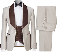 Chic Beige Shawl Lapel Three Pieces Men Suits For Wedding