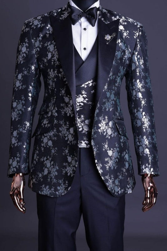 Chic Jacquard Peaked Lapel Three Pieces Black Prom Suits