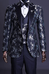 Chic Jacquard Peaked Lapel Three Pieces Black Prom Suits