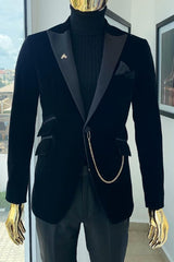 Chic Peaked Lapel Two Pieces Velvet Black Prom Suits For Men