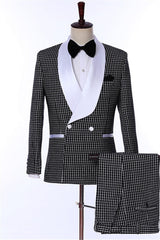 Chic Shawl Lapel Double Breasted Plaid Black Wedding Suits