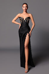 Chic Black Strapless Sleeveless Mermaid Beadings Long Prom Dress With Split