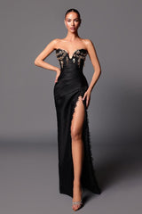 Chic Black Strapless Sleeveless Mermaid Beadings Long Prom Dress With Split