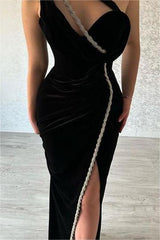 Chic Black Velvet One Shoulder Sleeveless Long Split Prom Dress With Pleated
