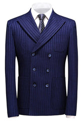 Chic Double Breasted Peaked Lapel Striped Men Blue Business Suits