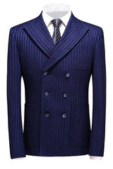 Chic Double Breasted Peaked Lapel Striped Men Blue Business Suits