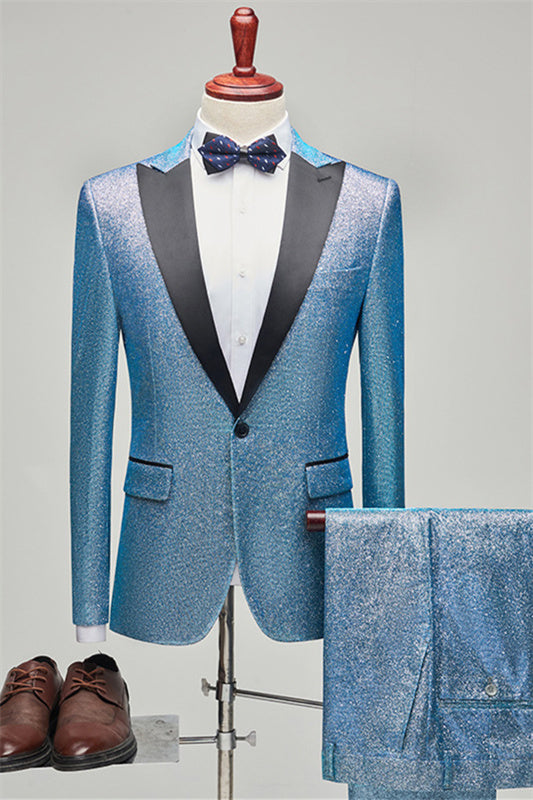 Chic Sequins Peaked Lapel Two Pieces Blue Prom Suits