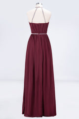 Chic Burgundy Halter Long Backless Bridesmaid Dress with Beadings-27dress