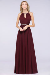 Chic Burgundy Halter Long Backless Bridesmaid Dress with Beadings-27dress
