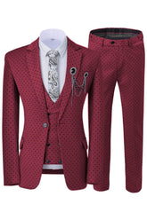 Chic Notched Lapel Three Pieces Burgundy Prom Suits With Black Dot